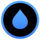 Ein kreisförmiges Icon mit einem dicken hellblauen äußeren Ring, einem soliden schwarzen Innenfeld und einem stilisierten hellblauen Wassertropfen im Zentrum.