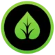Ein kreisförmiges Icon mit einem dicken hellgrünen äußeren Ring, einem soliden schwarzen Innenfeld und einem stilisierten hellgrünen Blatt im Zentrum.